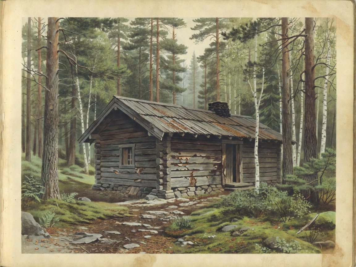 A faded illustration of an old timber sauna building in a Nordic forest