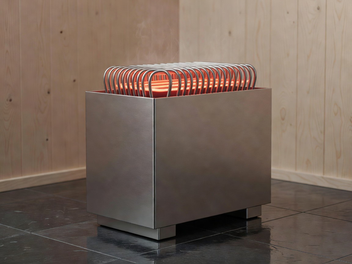 A sleek, modern electric sauna heater with exposed stainless steel elements