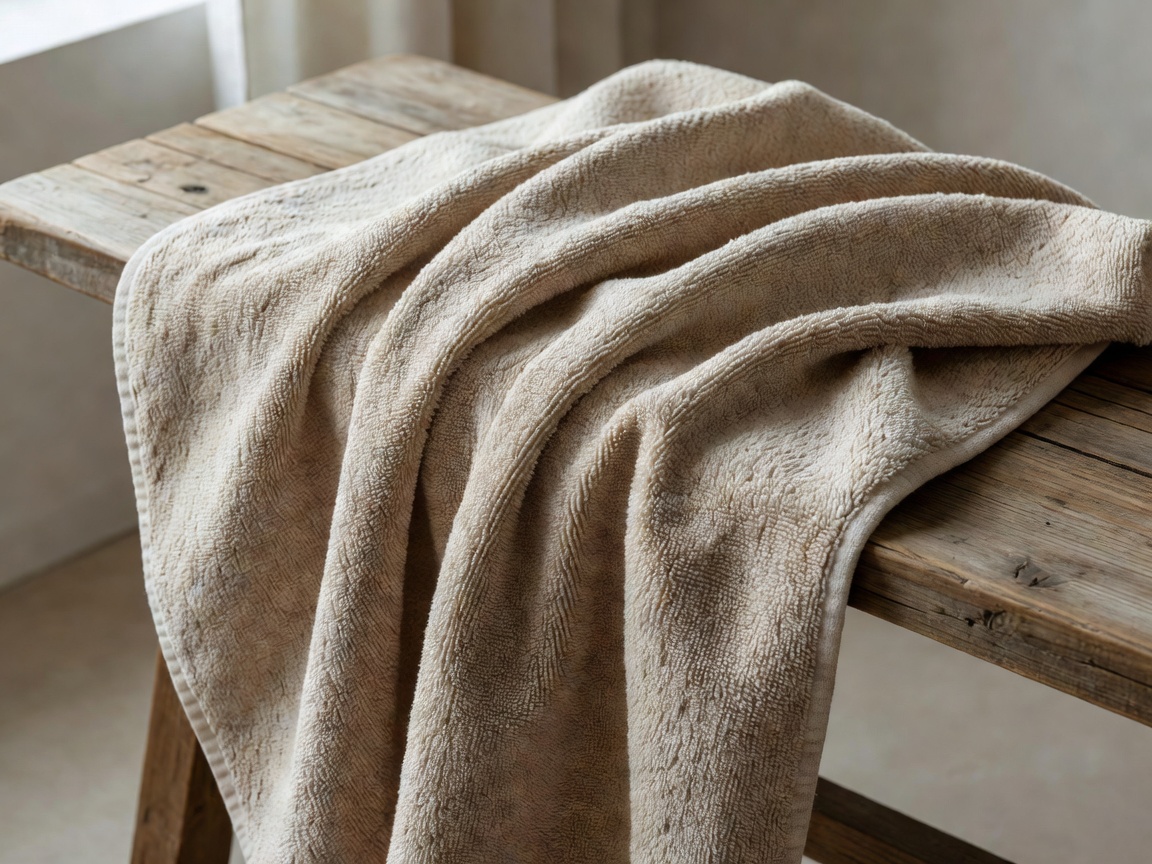 A tightly woven heavy cotton towel draped over a wooden bench