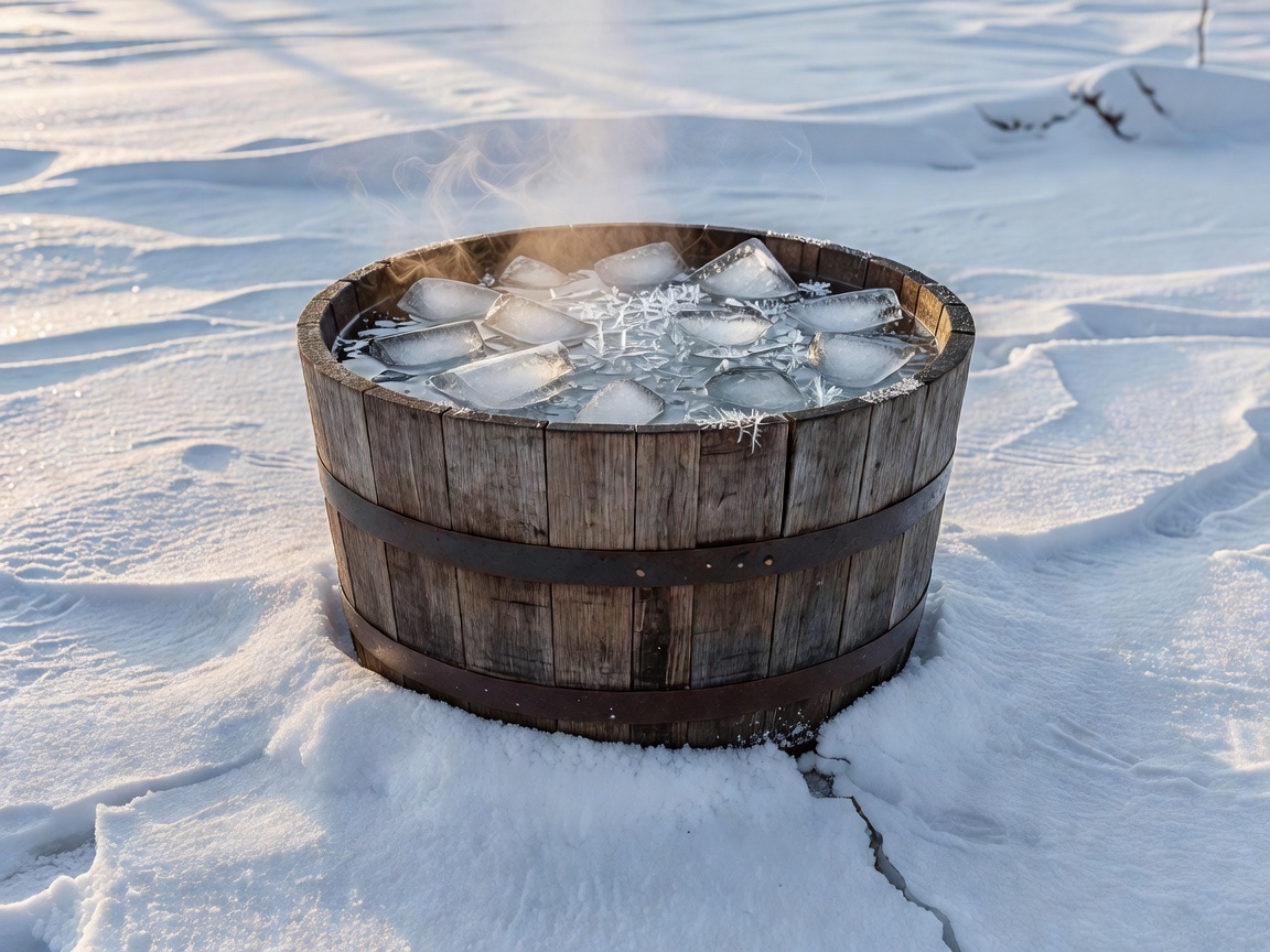 A wooden barrel filled with ice-cold water sitting in the snow
