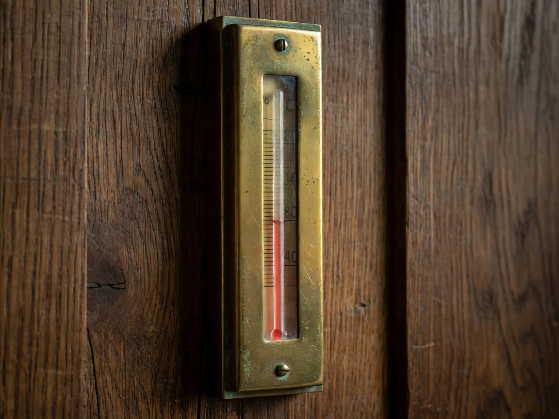 A brass and wood wall thermometer reading 85 degrees celsius