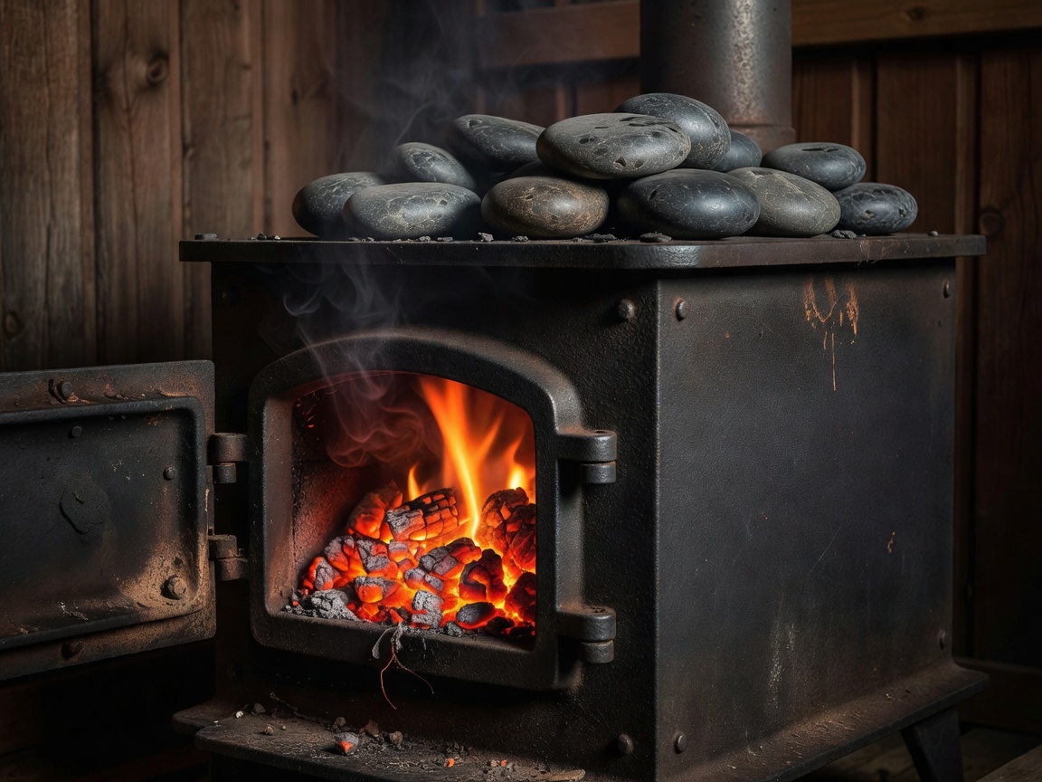 A cast iron wood-fired sauna stove with glowing embers