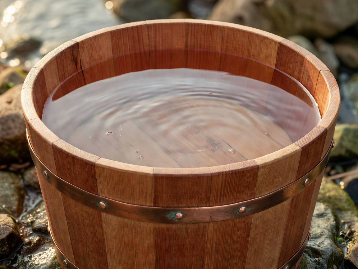A traditional cedar bucket with a copper band, filled with fresh water